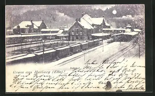 Mondschein-Lithographie Hamburg-Harburg, Verschneiter Bahnhof