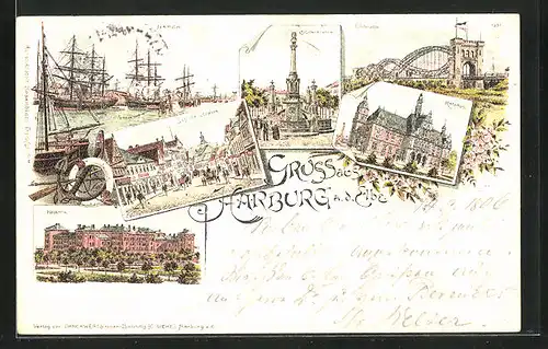 Lithographie Hamburg-Harburg, Hafen, Kaserne, Schillerbrunnen