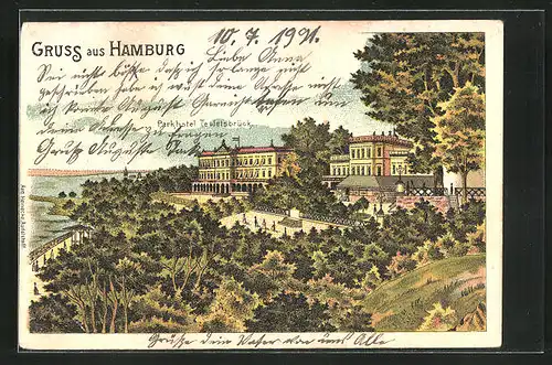 Lithographie Hamburg-Nienstedten, Parkhotel Teufelsbrück über der Elbe