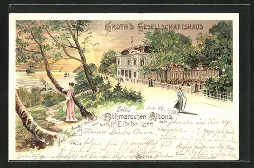 Lithographie Hamburg-Othmarschen, Restaurant Groths Gesellschaftshaus bei Abendstimmung, Elbchaussee