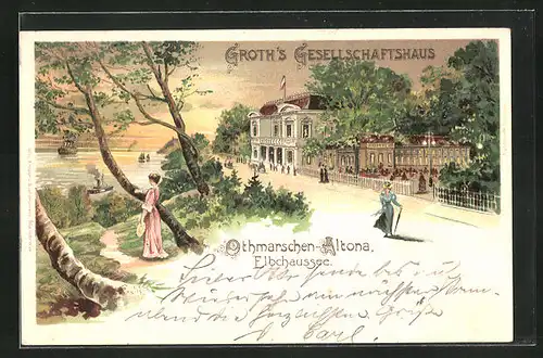 Lithographie Hamburg-Othmarschen, Restaurant Groths Gesellschaftshaus, Elbchaussee, Abendstimmung