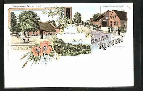 Lithographie Hamburg-Rissen, Ortsansichten mit den Gasthäusern Timmermann und Kaland und Uferpartie am Falkenstein