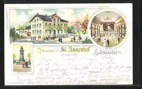 Lithographie Billwärder a./Bille, Aussen- und Innenansicht des St. Annenhof und Partie am Denkmal