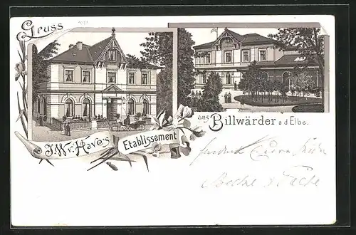 Lithographie Billwärder a.d. Elbe, Ortspartie am Gasthaus J.W.v.Haves