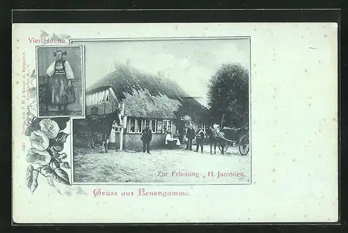 Mondschein-AK Hamburg-Neuengamme, Gasthaus Zur Erholung von H. Jacobsen und Vierländerin