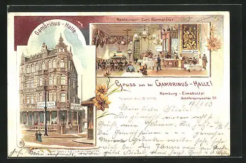 Lithographie Hamburg-Eimsbüttel, Restaurant Carl Burmeister mit Gambrinus-Halle, Schäferkampsallee 58