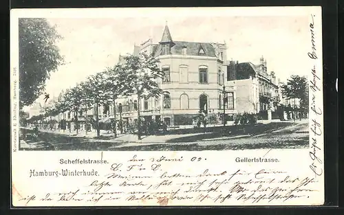 AK Hamburg-Winterhude, Strasseneck Scheffel- und Gellertstrasse