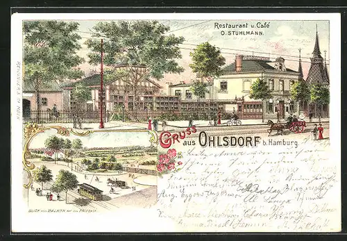 Lithographie Hamburg-Ohlsdorf, Restaurant-Café von O. Stuhlmann, Friedhof und Strassenbahn