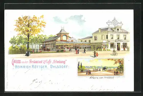 Lithographie Hamburg-Ohlsdorf, Restaurant-Café Erholung, Inh. Heinrich Röttger, Eingang zum Friedhof