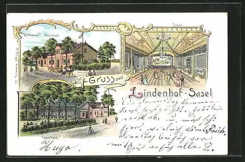 Lithographie Hamburg-Sasel, Dittmer's Gasthof, Aussen- und Innenansicht, Garten