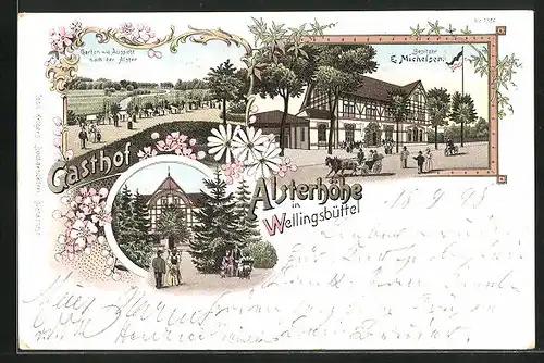 Lithographie Hamburg-Wellingsbüttel, Gasthof Alsterhöhe, Bes. E. Michelsen, Mehrfachansichten