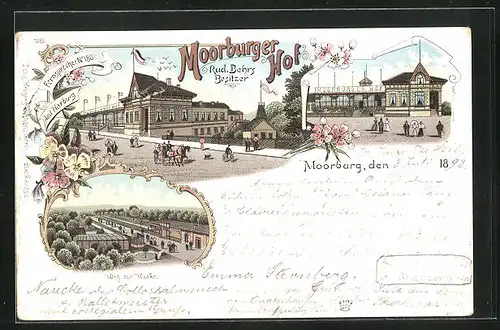 Lithographie Hamburg-Moorburg, Gasthaus Moorburger Hof, Bes. Rud. Behrs, Weg zur Haake