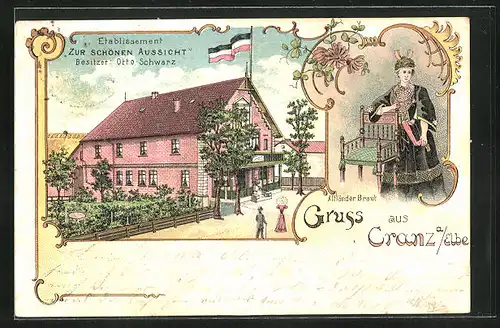 Lithographie Hamburg-Cranz, Gasthaus Zur schönen Aussicht, Bes. Otto Schwarz, Altländer Braut in Tracht