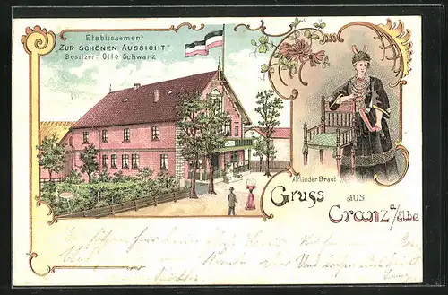 Lithographie Hamburg-Cranz, Gasthaus Zur schönen Aussicht, Bes. Otto Schwarz, Altländer Braut in Tracht