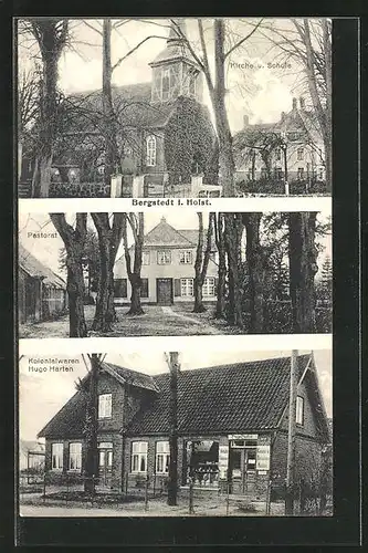AK Hamburg-Bergstedt, Kolonialwaren Hugo Harten, Kirche und Schule