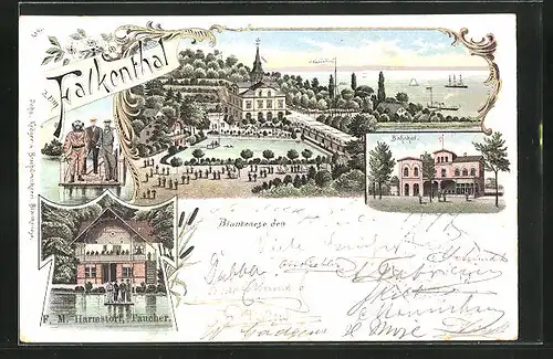 Lithographie Hamburg-Blankenese, Gasthaus zum Falkenthal, Bahnhof, Taucher im Skaphander, Bierstempel