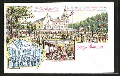 Lithographie Hamburg-Harburg, Hotel und Pension Brunnenthal mit Wiener Cafe