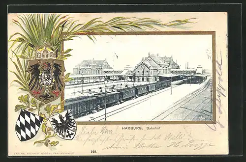 Passepartout-Lithographie Hamburg-Harburg, Bahnhof mit Bahnsteigen