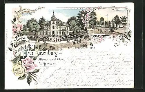 Lithographie Hamburg-Othmarschen, Restaurant Gesellschaftshaus Rosenburg von D. Plambeck