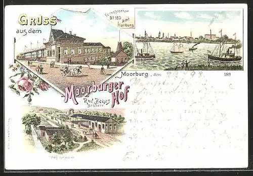 Lithographie Hamburg-Moorburg, Gasthaus Moorburger Hof von R. Behrs, Weg zur Haake