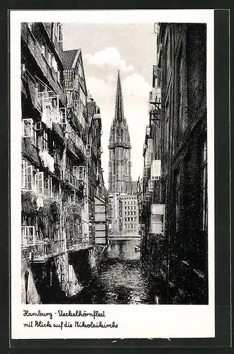 AK Alt-Hamburg, Steckelhörnfleet mit Blick auf die Nikolaikirche