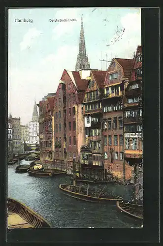 AK Alt-Hamburg, Deichstrassenfleet mit Kirchturm