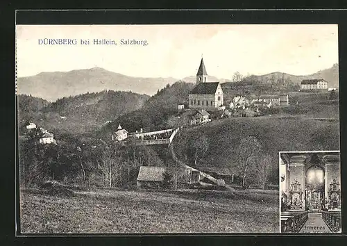 AK Dürnberg, Teilansicht mit Kirche und Inneres der Kirche