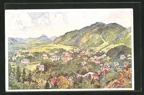 Künstler-AK Gleichenberg, Ortsansicht mit Umgebung