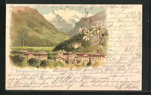 Lithographie Interlaken, Ortspartie, Blick zur Jungfrau