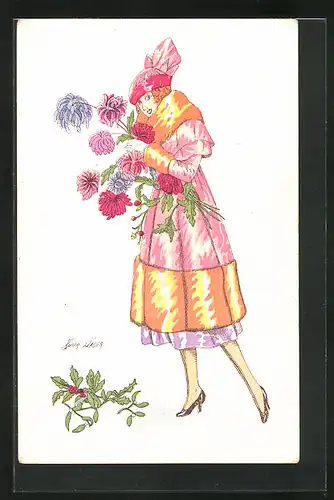Künstler-AK Xavier Sager: Elegante Dame mit Blumenstrauss