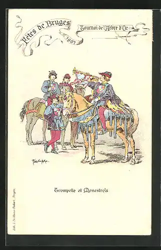 Künstler-AK Bruges, Fetes 1901, Tournoi de l'Arbre d'Or, Trompette et Menestrels
