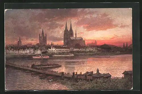 AK Köln, Stadt und Rhein bei Sonnenuntergang