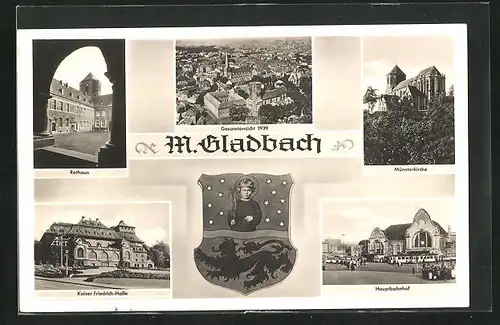 AK Mönchengladbach, Rathaus, Münsterkirche, Hauptbahnhof, Kaiser-Friedrich-Halle