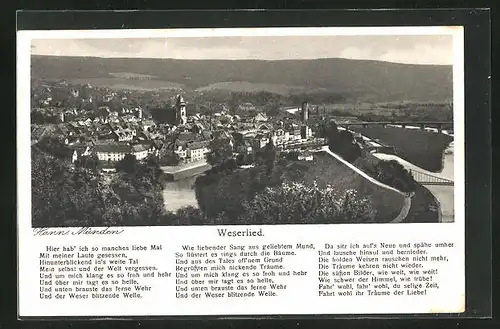 AK Hann. Münden, Stadtpanorama und Weserlied in Textform