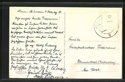 AK Hann. Münden, Stadtpanorama und Weserlied in Textform