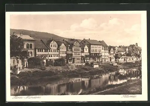AK Hann. Münden, Häuserreihe Blume am Flussufer