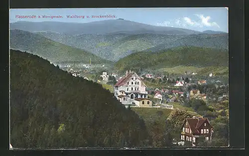 AK Hasserode, Gesamtansicht mit Gasthaus Waldburg und Brockenblick