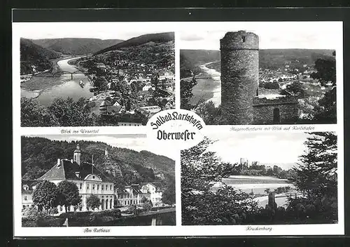 AK Karlshafen / Weser, Rathaus, Kruckenburg, Hugenottenturm mit Stadtblick