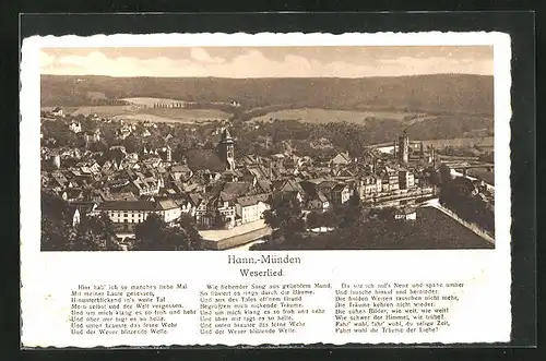 AK Hann.-Münden, Stadtpanorama und Weserlied in Textform