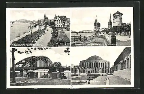 AK Düsseldorf, Rheinbrücke, Düsselschlösschen, Lambertuskirche und Schlossturm, Planetarium