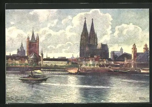 Künstler-AK Köln / Rhein, Uferpartie mit Dom