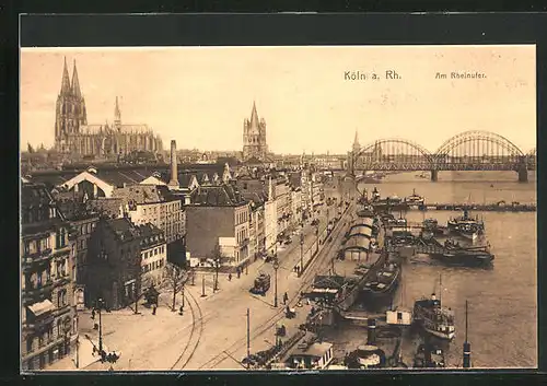 AK Köln / Rhein, Rheinufer mit Strassenbahn und Schiffsanlegestelle