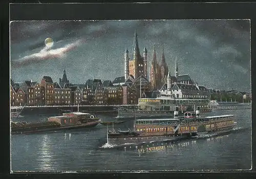 AK Köln / Rhein, Teilansicht mit Dom und Passagierschiffen bei Nacht