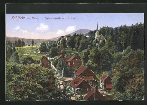 AK Schierke / Harz, Strassenpartie mit Kirche
