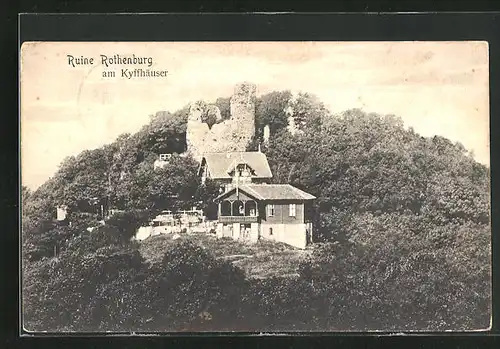 AK Rothenburg / Kyffhäuser, Ruine mit Gebäudeansicht aus der Vogelschau
