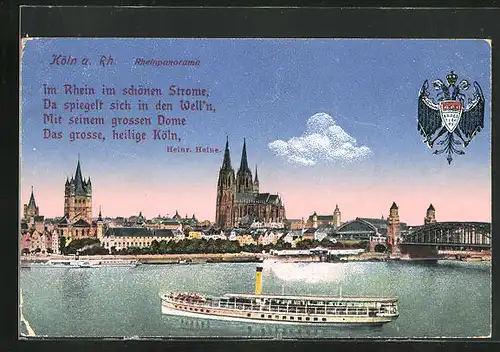 AK Köln / Rhein, Dampfer mit Stadtansicht, Wappen