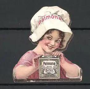 Reklamemarke Palmona feinste Pflanzen-Butter-Margarine, niedliches Mädchen mit Kochmütze und Schachtel