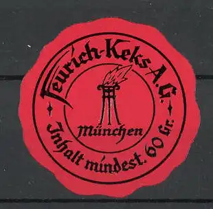 Präge-Reklamemarke Feurich-Keks AG München, brennende Fackel