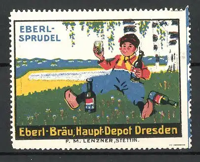 Reklamemarke Eberl-Sprudel, Eberl-Bräu Dresden, Knabe mit Flaschen auf der Wiese sitzend