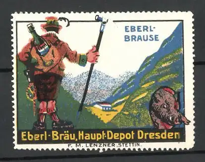 Reklamemarke Eberl-Brause, Eberl-Bräu Dresden, Wanderer im Gebirge, Portrait eines Ebers